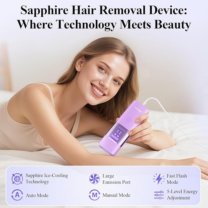Laser Hair Removal with Sapphire 5℃ Ice Cooling, Painless & Permanent IPL Laser Hair Device for Women Men, 2 Modes, 5 Levels, 999,999 Flashes, at Home Hair Remover for Bikini, Armpit & Face