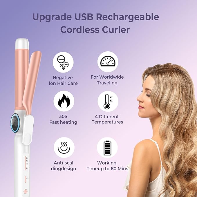 Cordless Curling Iron 9000 mAhUSB Rechargeable, 4 Temps Setting Cordless Hair Curlers, 280°F-400°F Travel Cordless Curling Wand, Wireless Ceramic Hair Styling Tools Hot Rollers Hair Curlers