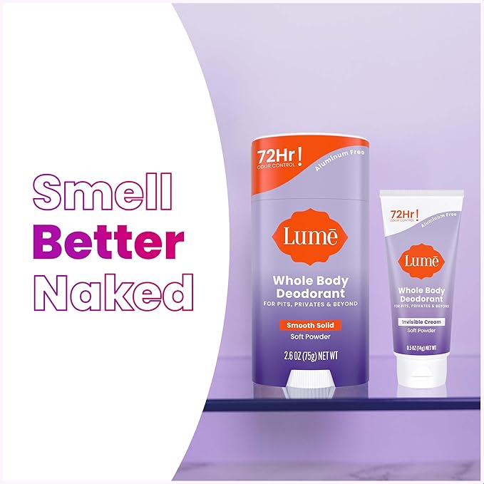 Lume Whole Body Deodorant - Invisible Cream Tube Mini and Solid Stick - 72 Hour Odor Control - Aluminum Free, Baking Soda Free, Skin Safe - 0.5 Oz Mini Tube + 2.6 Oz Solid Stick (Soft Powder)
