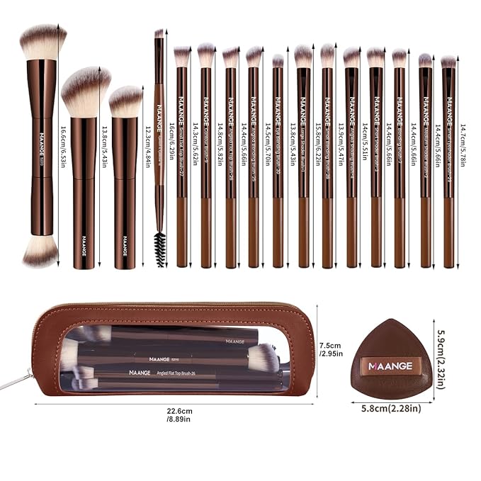 MAANGE Makeup Brush Set 19 PCS Travel Makeup Brushes Eyeshaowder Powder Concealers Foundation Professional Make Up Brush Set with Case (Coffee)