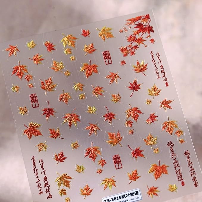 Fall Nail Art Stickers 5D Embossed Maple Leaf Nail Decals Autumn Leaves Nails Design Self-Adhesive Nail Art Supplies Fall Maple Leaf Manicure Sliders for Women Thanksgiving DIY Nail Decorations
