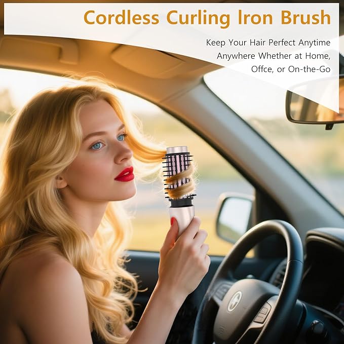 Cordless Curling Iron Brush, Portable Travel Cordless Heated Hair Brush for Women, 4 Temperature(max210°), Rechargeable 7000mAh USB Hair Curler Styler