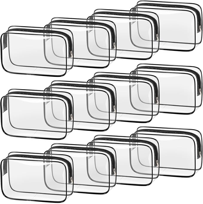 TISRATOK 12 PCS Clear Makeup Bag for Women with Zipper, TSA Approved Toiletry Pouch, Cosmetic Bag Bulk for Travel Organizer Essentials - Black,Medium