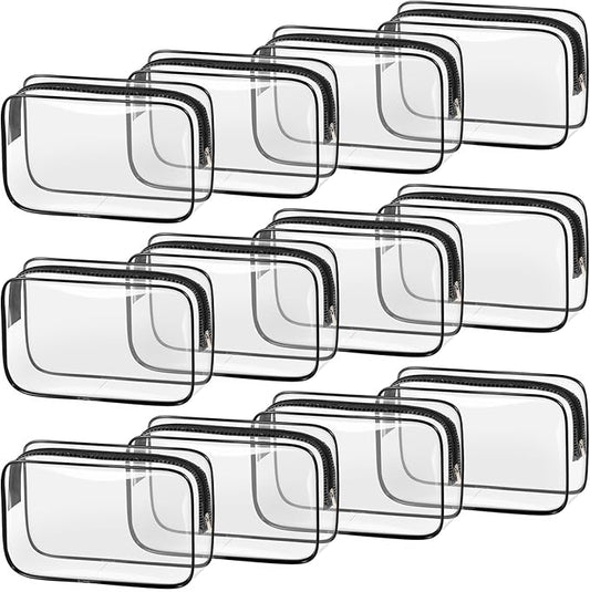 TISRATOK 12 PCS Clear Makeup Bag for Women with Zipper, TSA Approved Toiletry Pouch, Cosmetic Bag Bulk for Travel Organizer Essentials - Black,Medium