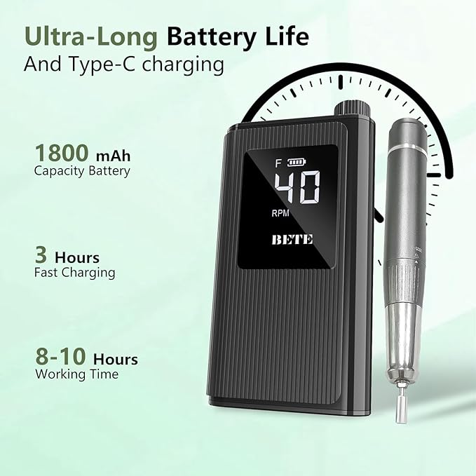 BETE Professional Nail Drill, 40000 RPM Cordless Electric Nail File Kit with 6 Bits, Rechargeable Efile for Acrylic Gel Nails Polishing, Manicure Tools for Salon Home Use, Black