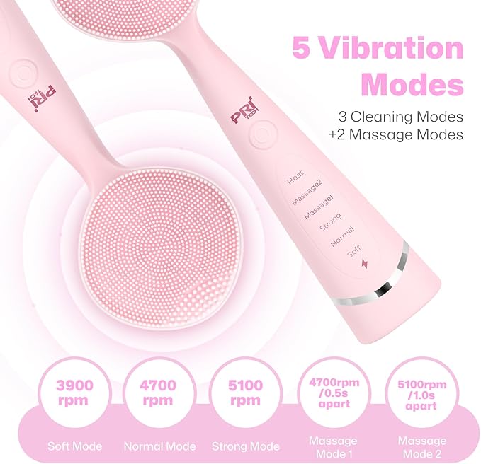 PRITECH Facial Cleansing Brush, Rechargeable Silicone Face Scrubber with Constant-Temperature Heating, Vibrating Exfoliator Scrubber for Deep Pore Cleaning, Waterproof Face Brush for Women & Men -Pink
