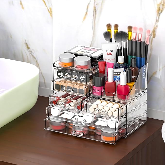 ﻿SUOXING Clear Acrylic Makeup Organizer for Vanity,Bathroom,Dresser,6 Drawer Cute Make up Organizers for Counter,Plastic Countertop Makeup Storage for Beauty,Jewelry,Brush,Cosmetic,Skin Care Organizer