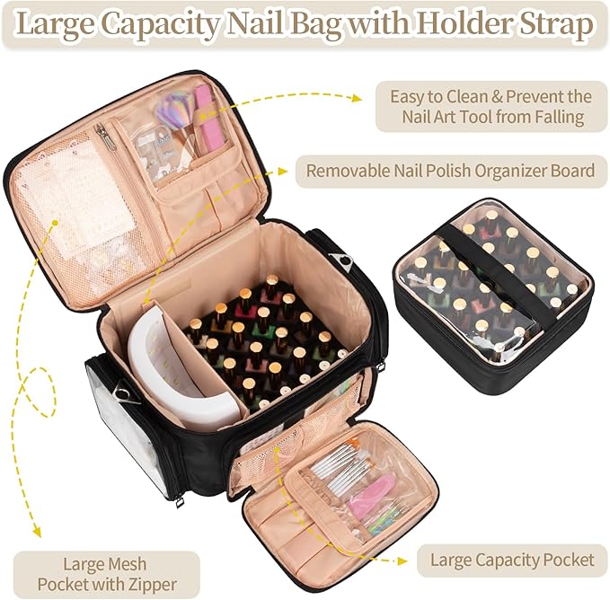 Nail Polish Organizer, Nail Polish Storage Holds 42+ Bottles & Nail Lamp, Portable Travel Nail Kit Storage Carrying Case Fits Nail Suppiles, Gift for Manicurist, Grils - Black