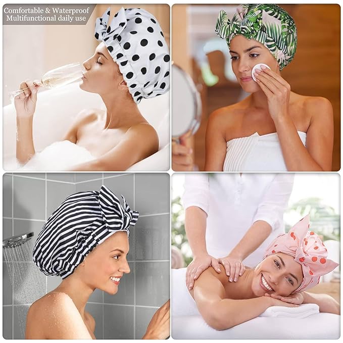 Shower Cap Luxury Shower Caps for Women Reusable Waterproof Hair Cap for Shower with Adjustable Bowknot Hair Bath Cap (Green Palm)