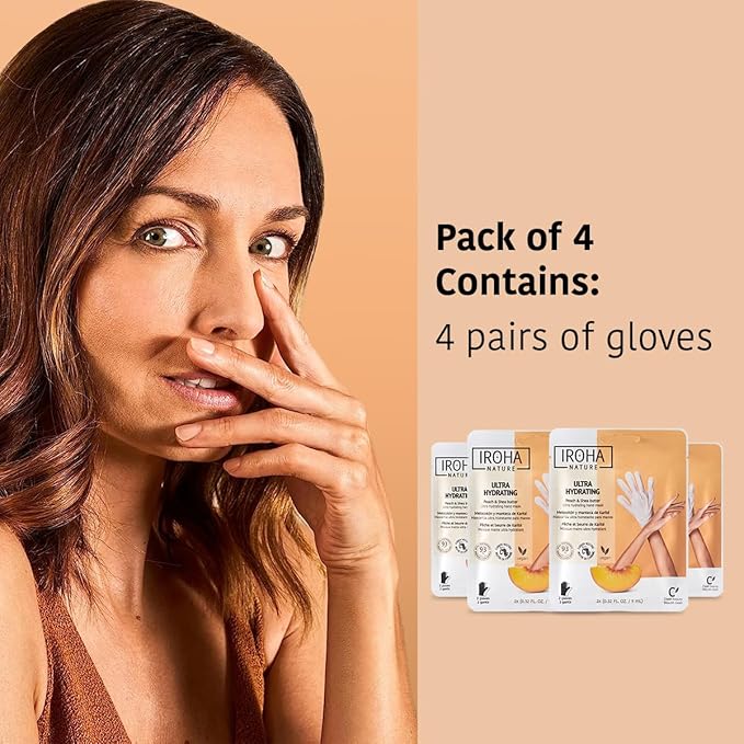 IROHA NATURE Repairing Hand Mask Gloves | 4 Pairs | Peach & Shea Butter | Hydration & Repair for Damaged & Cracked Hands | Vegan & 93% Natural Ingredients