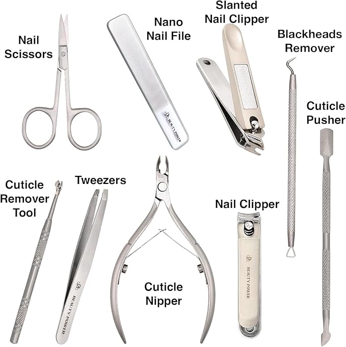 9 in 1 Professional Manicure Pedicure Set - Stainless Steel Nail Clippers, Nano File, Cuticle Nipper, Scissors, Tweezers, Travel PU Leather Case for Men & Women - Gift Ready Brown New