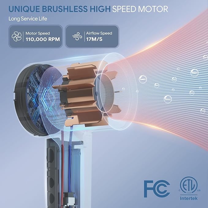 Hair Dryer, High-Speed Ionic Low Noise Blow Dryer with Brushless Motor for Fast Drying, Thermo-Control Quiet Compact Hair Blow Dryer, Hairdryer with 1 Nozzle Attachments for Home Salon Travel