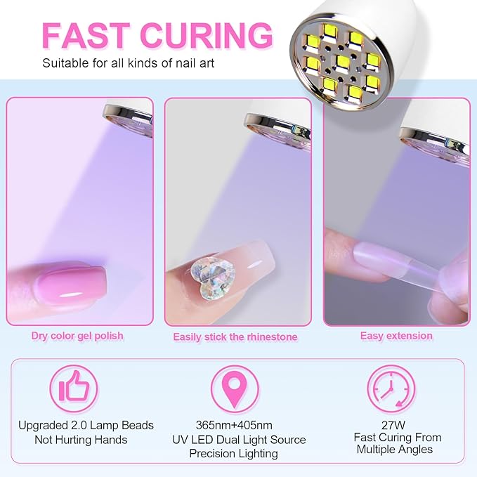 U V LED Nail Lamp, Goose Neck Flash Cure Lamp 27W Rechargeable Mini U V Light for Gel Nails, Cordless Flash Cure Light with 3 Timers&Sensor, Fast Curing Gooseneck Lamps for Gel X, Snow White