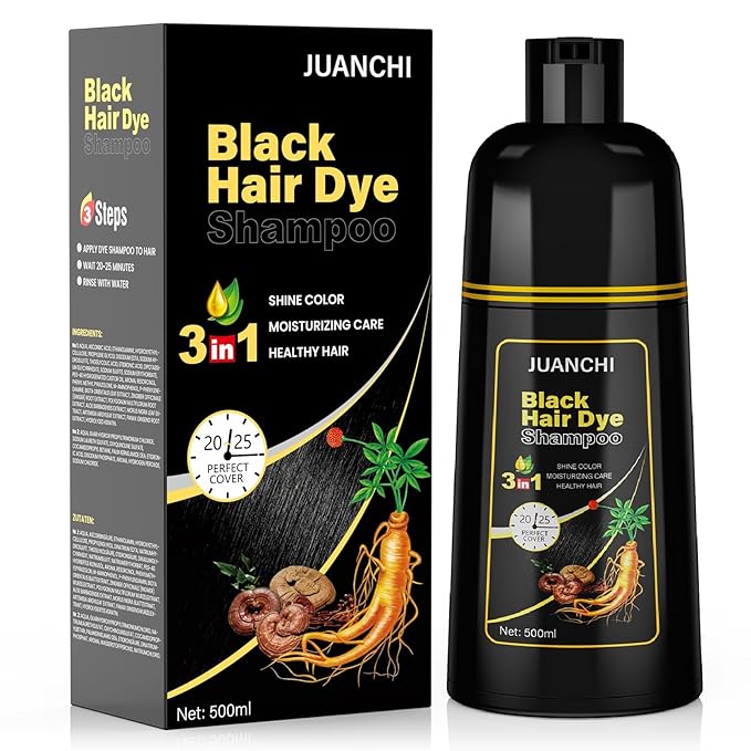 JUANCHI Black Hair Dye Shampoo 3 in1, Black Shampoo Hair Dye for Gray Coverage, Natural Hair Color for Women Men, Herbal Formula, Ammonia-free, Lasts 30 Days, 500ml (16.90 oz)