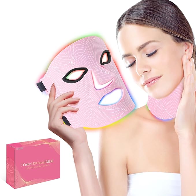 Led Face Mask Light Therapy,Red Light Therapy for Face and Neck,7 Colors LED Facial Skin Care Mask,5 Level Brightness Adjustment,309 LED Beads Can Be Used at Home,Pink