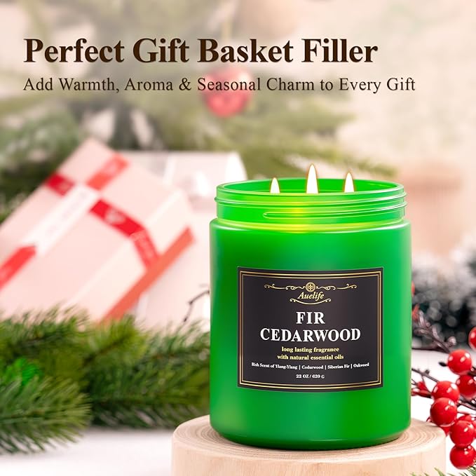 Auelife Winter Candles, Fir & Cedarwood Scented Candle – 22oz Large 3-Wick Soy Candles, Long Lasting Aromatherapy, Woodsy Christmas Candle, Holiday Gift for Women & Men