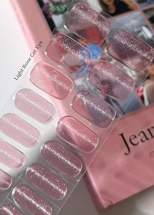 Semi Cured Gel Nail Strips (Light Rose Cat Eye), 20 Pcs Gel Nail Wraps, Stickers, Long Lasting, Works With Any Lamps