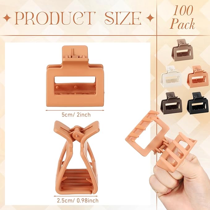 XunYee 100 Pcs Hair Claw Clips Bulk Large Square Jaw Headwear Clips Set for Women Nonslip Rectangle Hair Accessories Clip for Girl Women Gifts Beauty(2'',Classic Colors)
