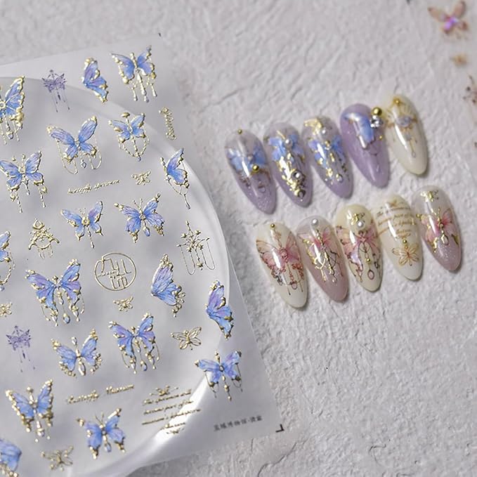 Butterfly Nail Art Stickers Decals 5D Butterfly Nail Stickers Blue Seashell Shinny Butterfly Nails Design 5D Embossed Nail Decals Butterfly Stickers for Women Girl DIY Manicure Nail Art Decorations