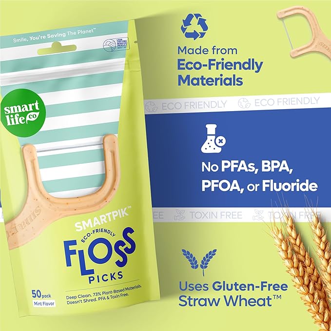SmartLifeco Eco-Friendly Dental Floss Picks (100ct) - Flossers Made with Straw Wheat Blend, Superior Anti-Shred Thread for Tight Gaps, Tooth Pick Stick for Adults, Soft on Gum & Teeth, Vegan, Mint