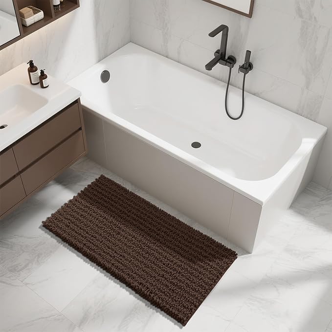 Yimobra Long Bathroom Rugs Non Slip Washable 44x24 Inch - Ultra Soft Absorbent Chenille Bath Mat, Quick Dry Shaggy Floor Carpet for Tub Shower, Brown Home Decor Accessories