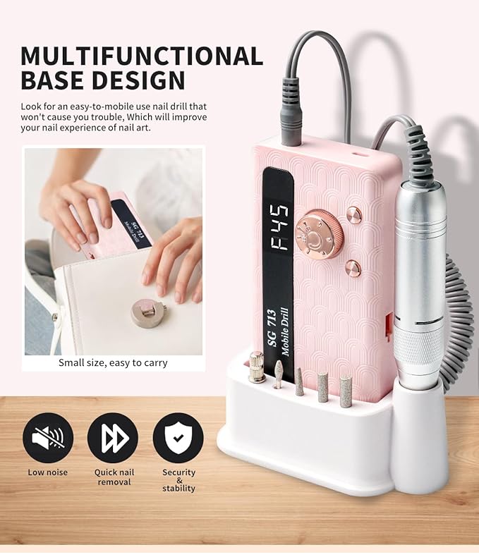 Electric Nail File Professional Kit - 45000RPM Portable Nail Drill Electric File with 11 Bits & Base丨LED Screen丨Ultra-Silent, Rechargeable Nail Drills Machine for Acrylic Nails Gel Polishing (Pink)