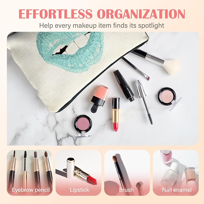 Trendy Teal Makeup Bag for Women, Turquoise Glitter Lip Bite Modern Aesthetic Cosmetic Bag for Purse, Preppy Girly Makeup Zipper Pouch