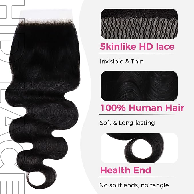 Lashey 5x5 SKINLIKE Real HD Lace Closure, Natural Black Body Wave Human Hair Closure Pre Bleached Knots Pre Plucked Invisible Hairline 20 Inch