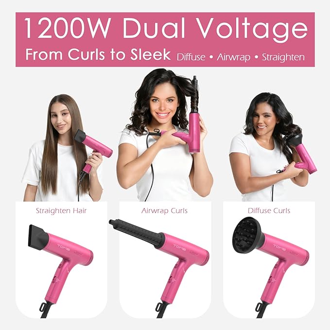 TOME 1200W Hair Dryer Travel Dual Voltage 120V/240V Foldable Blow Dryer with Diffuser Comb Nozzle Storage Bag Universal Power Adapter (Hot Pink)