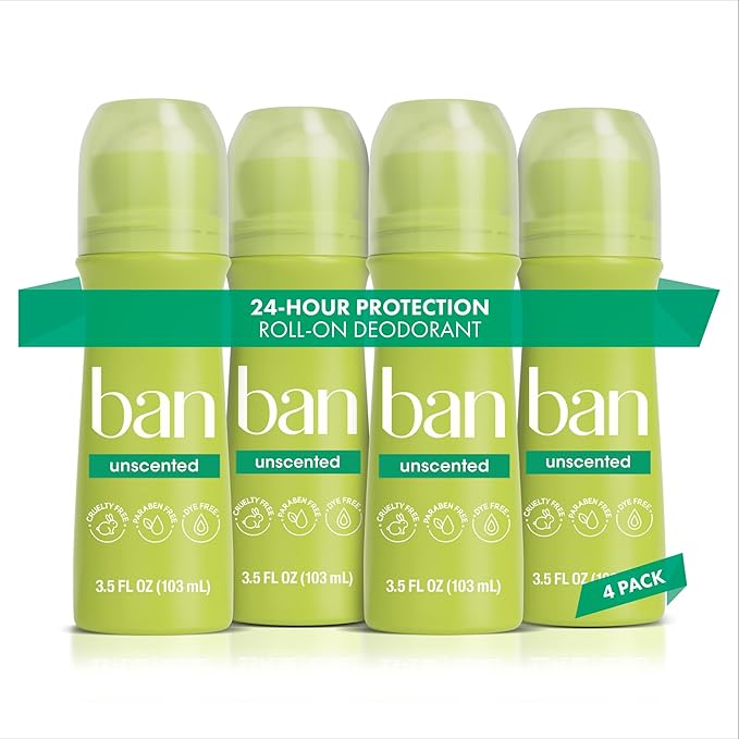 Ban Original Unscented 24-hour Invisible Antiperspirant, 3.5oz Roll-on Deodorant, 4-pack, Underarm Wetness Protection, with Odor-fighting Ingredients