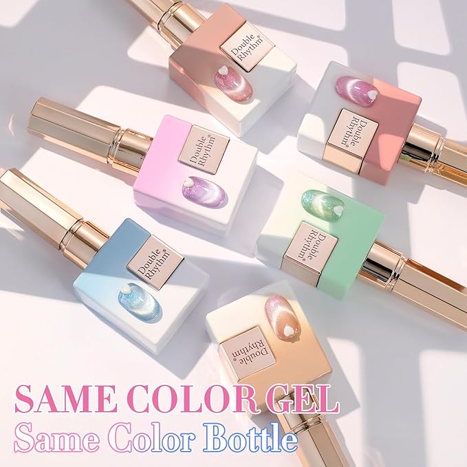 Double Rhythm Cat Eye Gel Nail Polish Set of 6 Same Color Same Bottle 0.5 Oz Shimmer Glitter with Magnet Holographic Reflective Magnetic UV Nail Polish Kit at Home (Nude Pink Green Purple-T6-29)