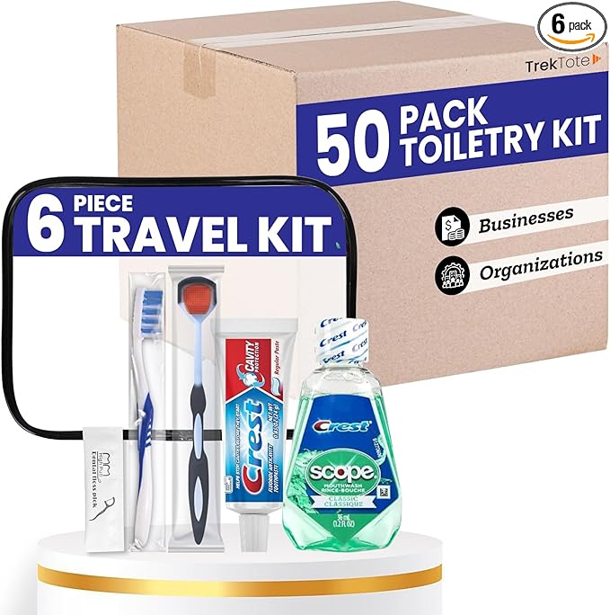 Trektote Bulk Toothpaste and Toothbrush Set- (50 Pack) 6 Piece Dental Care Kit, TSA Compliant, Includes Toothpaste, Toothbrush, Mouthwash, Flosses and Premium Toiletry Bag