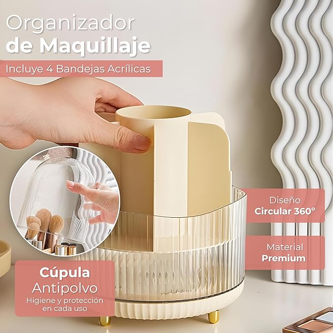 Makeup organizers – A set of 25 transparent plastic organizers in four sizes, ideal for makeup, jewelry, and cosmetics. Includes a rotating brush organizer.