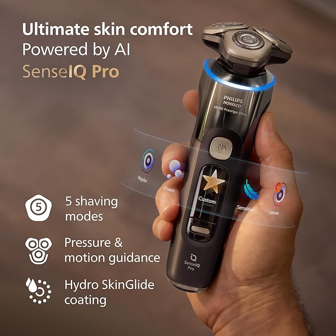 Philips Norelco Shaver i9000 Prestige Ultra, Wet & Dry Electric Shaver, Black Gradient, SenseIQ Pro Technology, Triple Lift & Cut System, 360 Rotating NanoTech Precision Blades, 5 Modes, XP9405/84