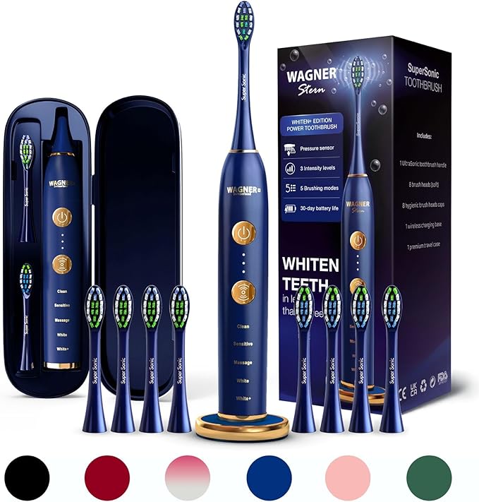 Wagner Stern WHITEN+ Edition. Whitening Electric Toothbrush with Pressure Sensor. Offers 5 Brushing Modes, 3 intensities, 8 Soft Brush Heads, and a Luxury Travel case.