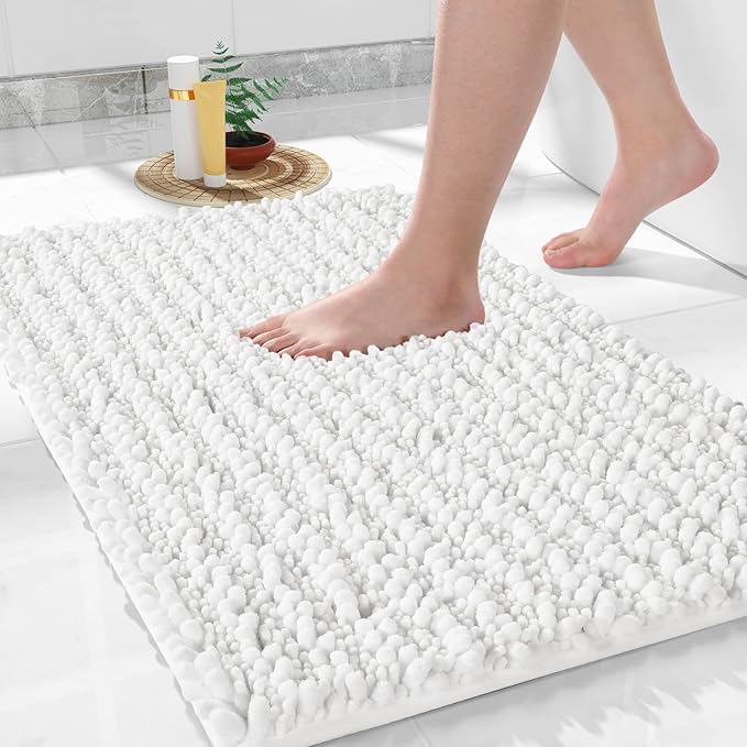 Yimobra Large Bathroom Rugs Non Slip Washable 36x24 Inch - Ultra Soft Absorbent Chenille Bath Mat, Quick Dry Shaggy Floor Carpet for Tub Shower, White Home Decor Accessories