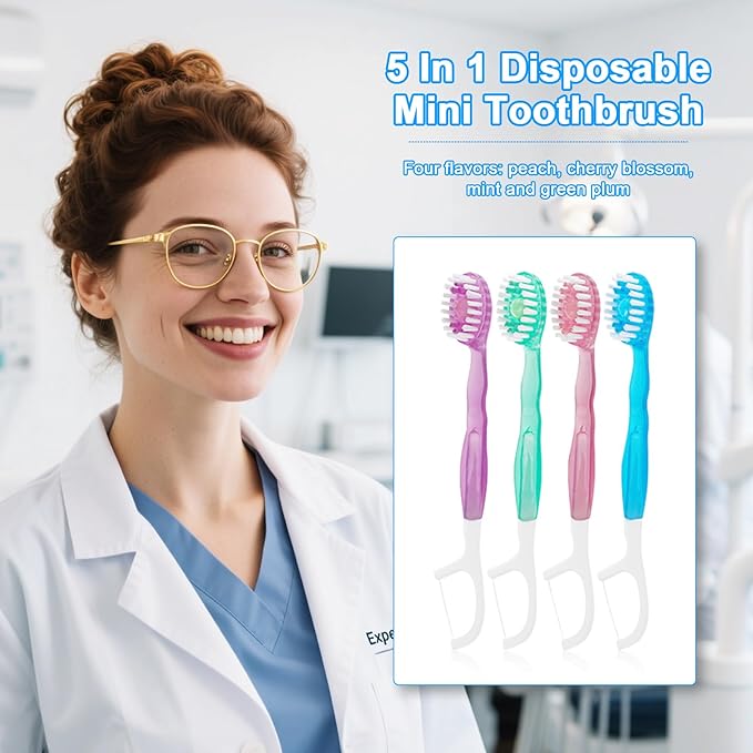 5 in 1 Toothbrush & Floss, 26Pcs mini toothbrushes with Toothpaste, All in one Oral Care on The go, 5 in 1 mini Brush, Toothpaste and Floss, Disposable Travel Toothbrush Set (2)