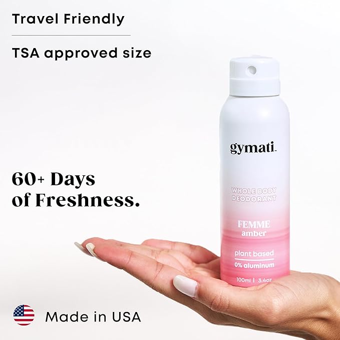 Gymati - Fitness Deodorant Spray for Women - Aluminum-Free - All Day Ultimate Odor Protection - Built For Sweat - Air-Powered - Vegan & Plant-Based - Made in USA - Femme - 3.4oz Travel Size - 2 Pack