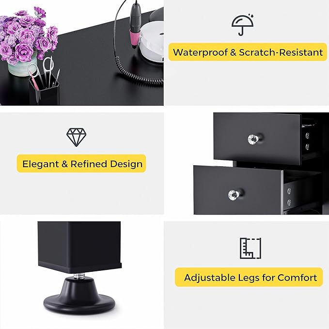 Foldable Nail Table with Dust Collector, Manicure Desk for Nail Tech,with LED Lamp, Wrist Rest, Rolling Nail Table for Salon, Home Beauty Workstation, Compact Nail Station with Storage (Black)