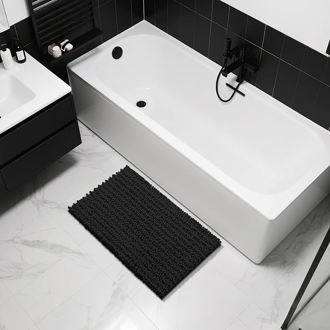 Yimobra Large Bathroom Rugs Non Slip Washable 36x24 Inch - Ultra Soft Absorbent Chenille Bath Mat, Quick Dry Shaggy Floor Carpet for Tub Shower, Black Home Decor Accessories