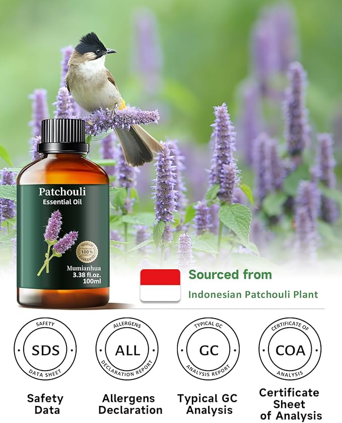 Pure Patchouli Essential Oil, Mumianhua Natural Patchouli Oil for Diffuser, Perfume, Skin,Hair, Soap Making, Room Spraying,Earthy Grounding, Outdoor Protection 3.38 Fl Oz
