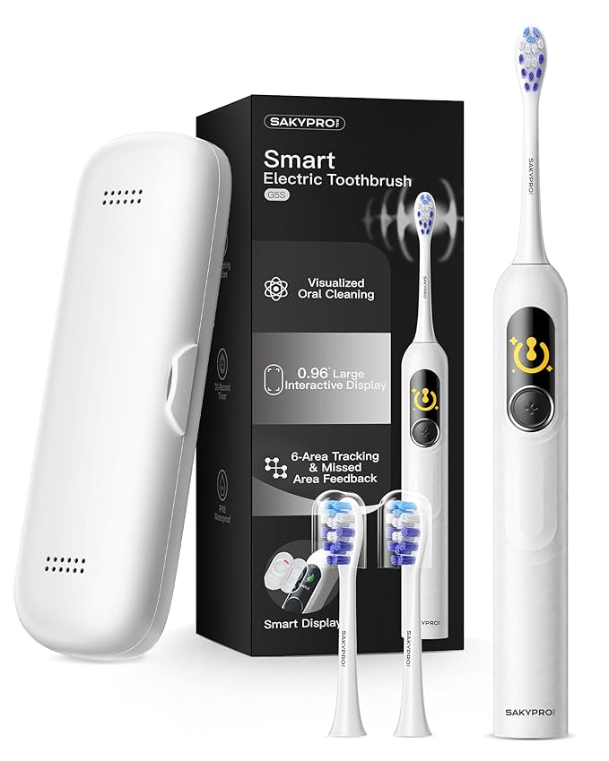 Electric Toothbrush with AI Smart Screen for Adults Kids | 150-Day Battery, Real-Time Brushing Map | Whitening Mode, 3-Min Timer, Travel Case | Family Sonic Electric Tooth Brush (G5S White)