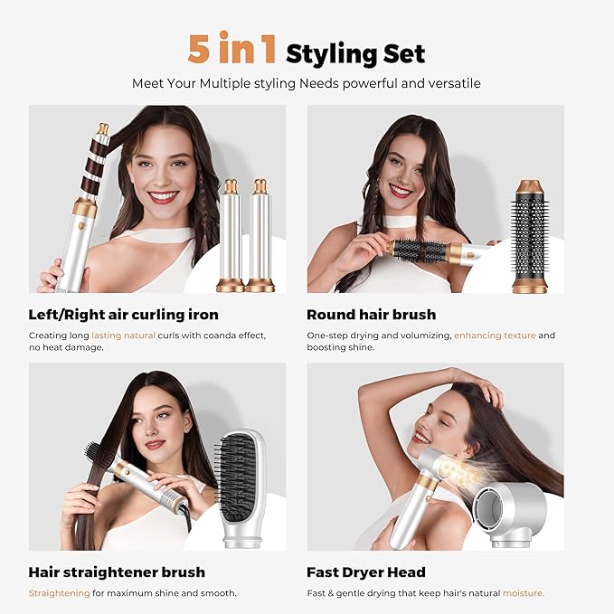 5 in 1 Hair Dryer Brush Set,Professional Negative Ionic Hot Air Styler, Air Curling Wrap Styler,Detachable Blow Dryer Brush With Auto Wrap Curlers,Hair Styling Tools For Straight/Curl/Drying/Smoothing