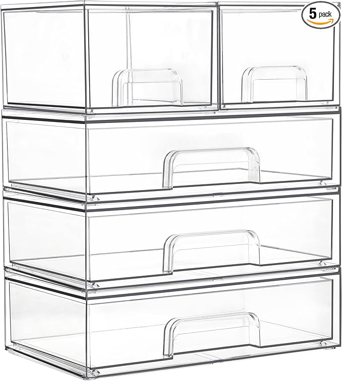 Vtopmart Clear Stackable Storage Drawers Set of 5, Plastic Organizer Bins for Makeup, Cosmetics, Beauty Supplies,Ideal for Vanity, Bathroom,Cabinet,Pantry Organization