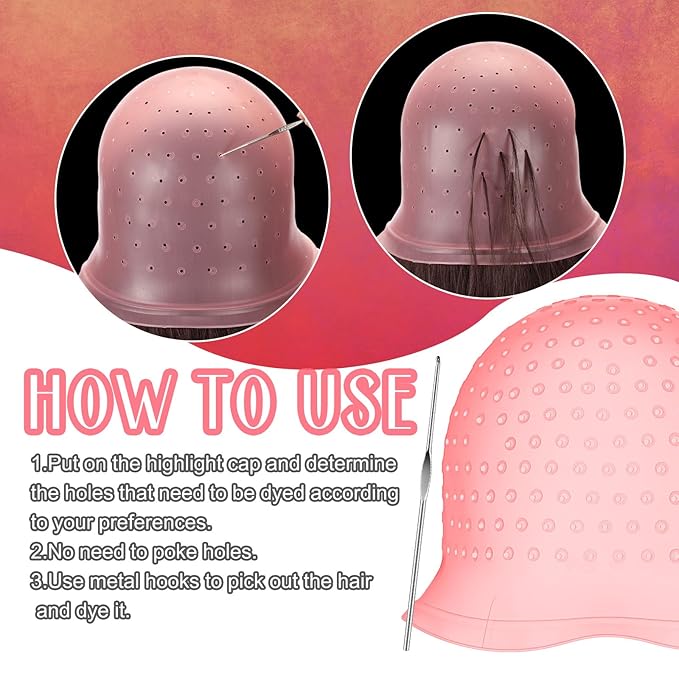 Jexine 2 Pcs Hair Coloring Highlighting Cap Reusable Silicone Highlight Cap with Holes and Hook for Hair Coloring, Frosting, Hairdressing & Highlighting, Salon Tools Kit(Pink)