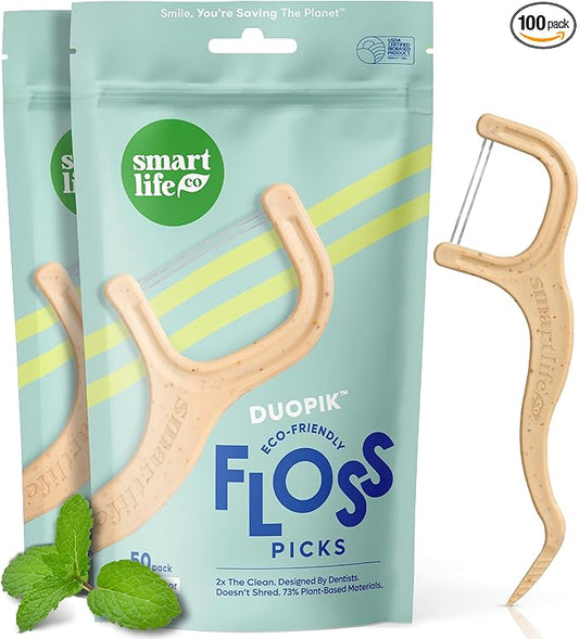 SmartLifeco Eco-Friendly Dual-Thread Dental Floss Picks (100ct) - Flossers Made with Straw Wheat Blend, Superior Anti-Shred for Tight Gaps, Tooth Pick Stick for Adults, Soft on Gum & Teeth, Mint