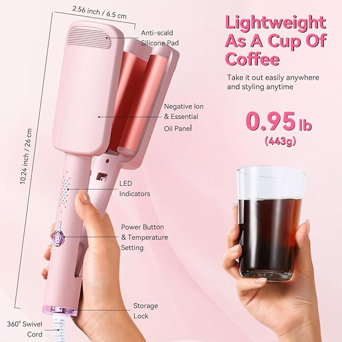 Curling Iron Hair Crimper Waver - CHIKYO 3 Barrel Rovy Wave Curling Iron, 1.25 Inch Ionic Beach Waves Curling Wand, Deep Waver Hair Curler Hot Tool with Ceramic for Women, Dual Voltage, Easy to Use