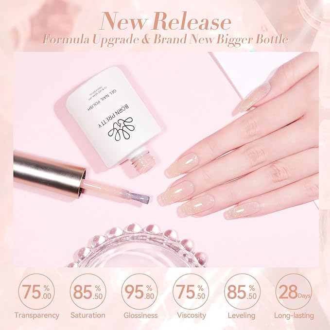 BORN PRETTY Jelly Gel Nail Polish Jelly Glitter Nude Pink Gel Polish Holographic Shimmer Nude Pink Natural Translucent Soak Off Hema-Free Gel Polish Nail Art DIY 15ML