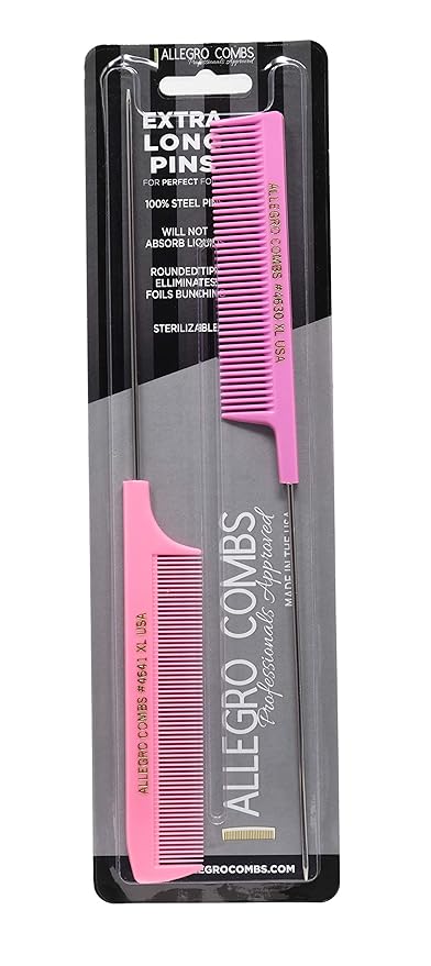 Allegro XL Pintail Rat Tail & Parting Combs - Metal Tail Foiling & Pin Combs (2 Pc., PINK)
