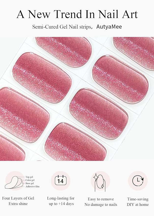 Semi Cured Gel Nail Strips (Crimson Cat Eye), Pink Red, 20 Pcs Gel Nail Wraps, Stickers, Salon Quality, Works With Any UV Lamps